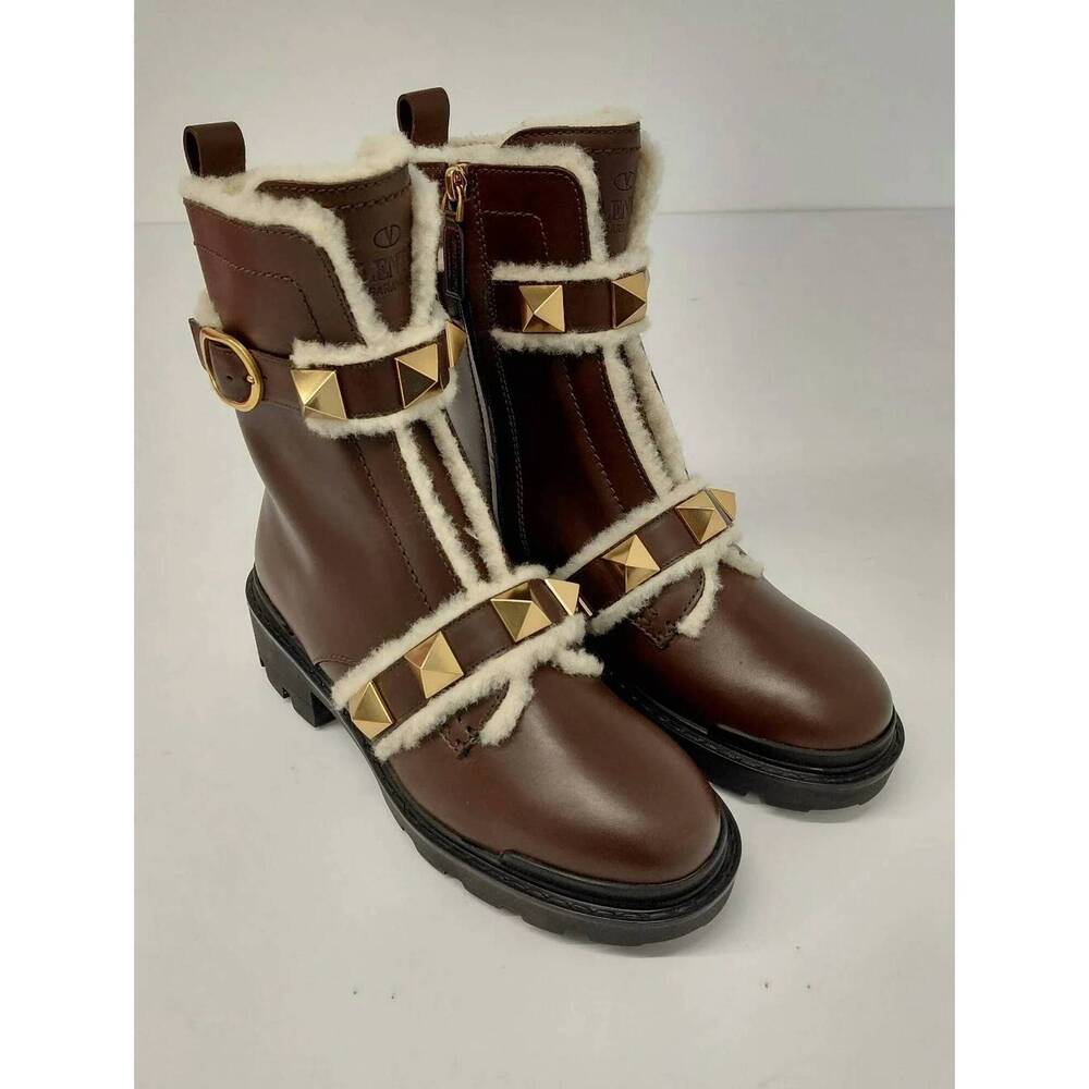 NEW VALENTINO GARAVANI women's roman stud leather & shearling combat boots in br
